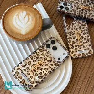 کاور گوشی YSL پلنگی با لوگوی طلایی و برجسته