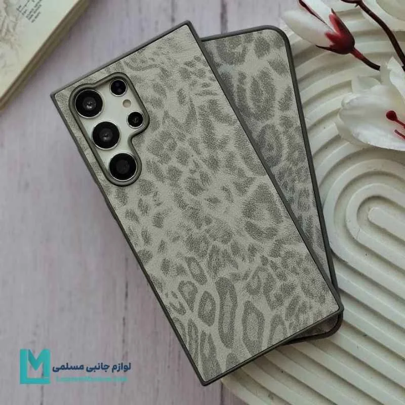 قاب گوشی پلنگی طوسی طرح چرم