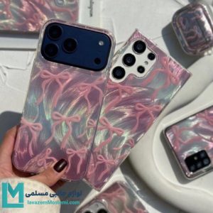 ست قاب گوشی فانتزی و کاور ایرپاد پاپیونی موج‌دار صورتی کد C3088 | لوازم جانبی مسلمی