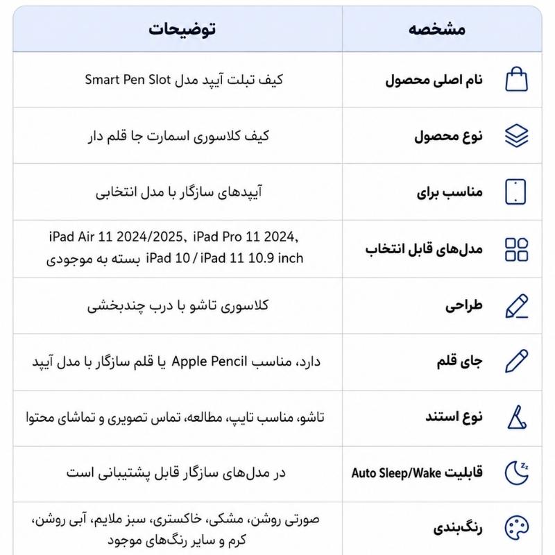 جدول مشخصات کیف ایپد کلاسوری مدل smart folio pen