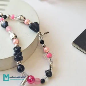 بند آویز قلب و مروارید مشکی و صورتی